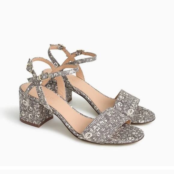 J. Crew Lizard Snake Print Leather Block Heel Strappy Sandal size 8.5 Gray Cream - Picture 1 of 11